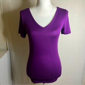 Women's Short Sleeve T-Shirt V-Neck Basic Layer Stretchy Shirts XS Purple